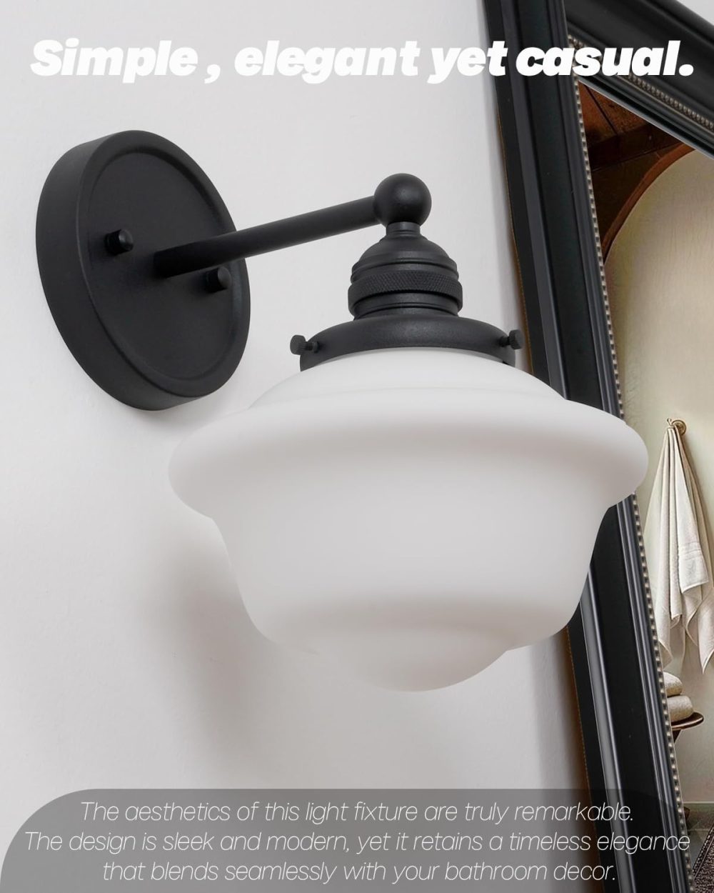 Wall Sconce Black Bathroom Light Fixtures with Milk Glass Vintage Wall Lamp Modern Vanity Lights Wall Lights for Living Room Bedroom Bathroom Mirror Hallway Stairway E26 Hardwire - Image 2