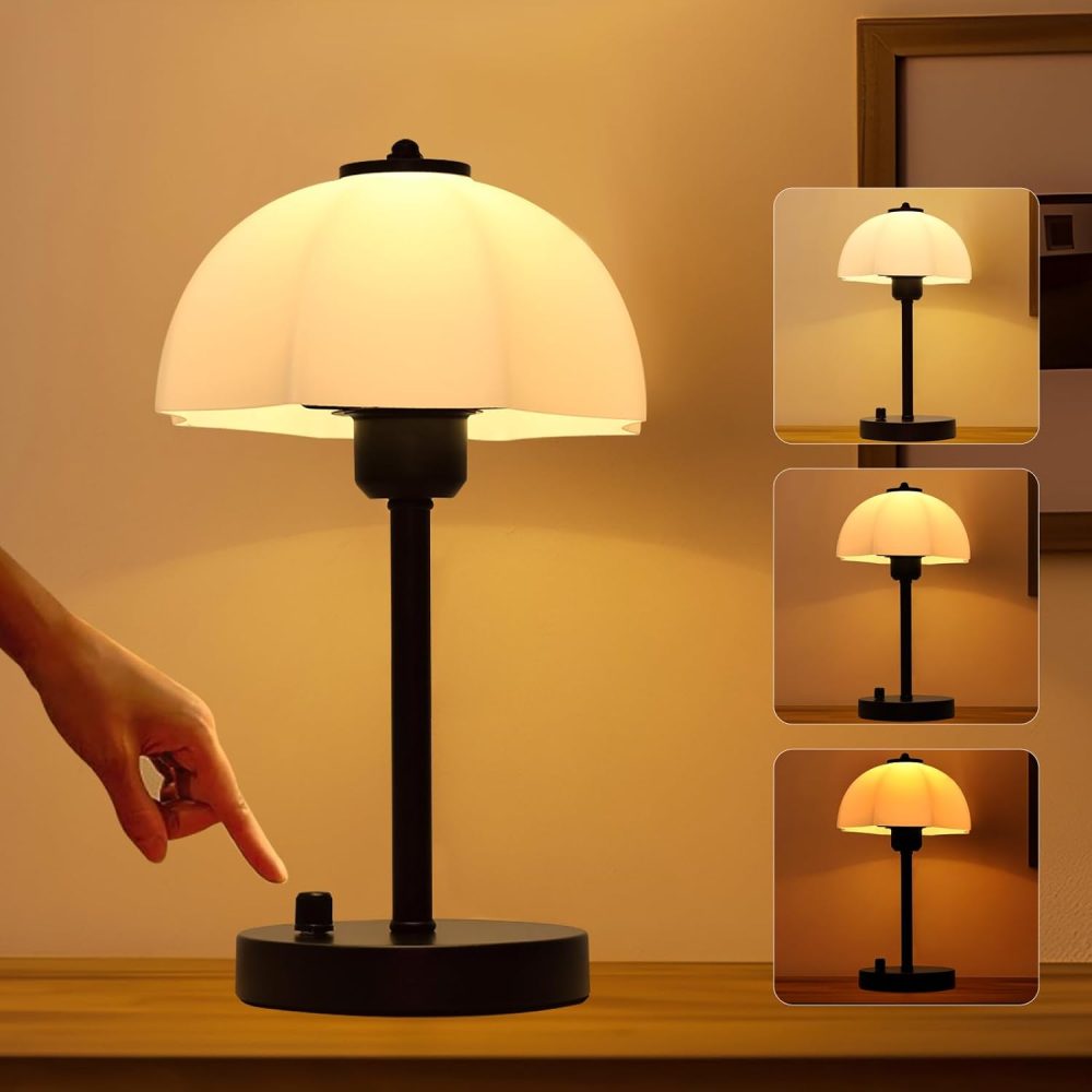 Table Lamp for Bedroom, Stepless Dimmable Bedside Lamp with Premium Frosted Glass Shade, Desk Lamp Nightstand Lamp for Living Room, Bedroom, Office, Reading LED Bulb Included