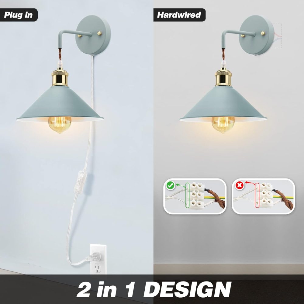 Plug in Wall Sconces, 2PACK Wall Lamp with Plug in Cord, Plug in Wall Light Sconces, Sconces Wall Lighting Plug in, E26 Modern Wall Light Fixtures (Blue) - Image 2