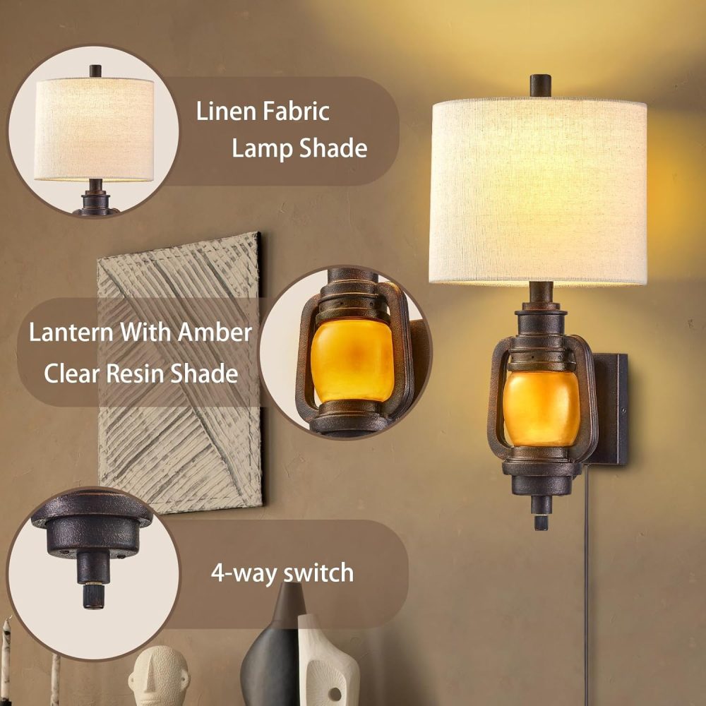 Wall Mount Lamp, Wall Lights with Plug in Cord - Dark Bronze Finish, Linen Fabric Shade, and LED Nightlight for Living Room, Bedroom, and Home Office (Bulb Included) - Image 2