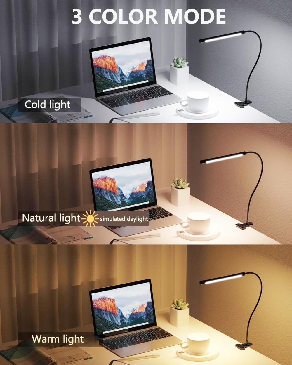 Desk Lamp with Clamp - Adjustable 3 Color Modes 10 Brightness Level Table Lamp, USB Eye Caring Flexible Gooseneck Desk Light for Home Office, Dorm Room, Reading, Nail, Clip On Light, Black - Image 2