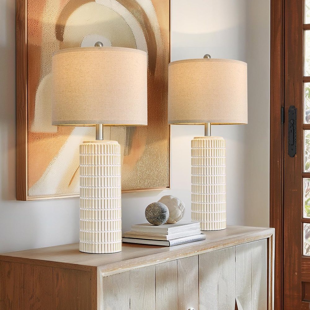 27.5'' Tall Table Lamps for Living Room Set of 2, Ceramic Bedroom Lamps for Night Stands, Modern Bedside Lamps for Bedroom Living Room, Nightstand Lamps for End Table, Hallway, Gold and White